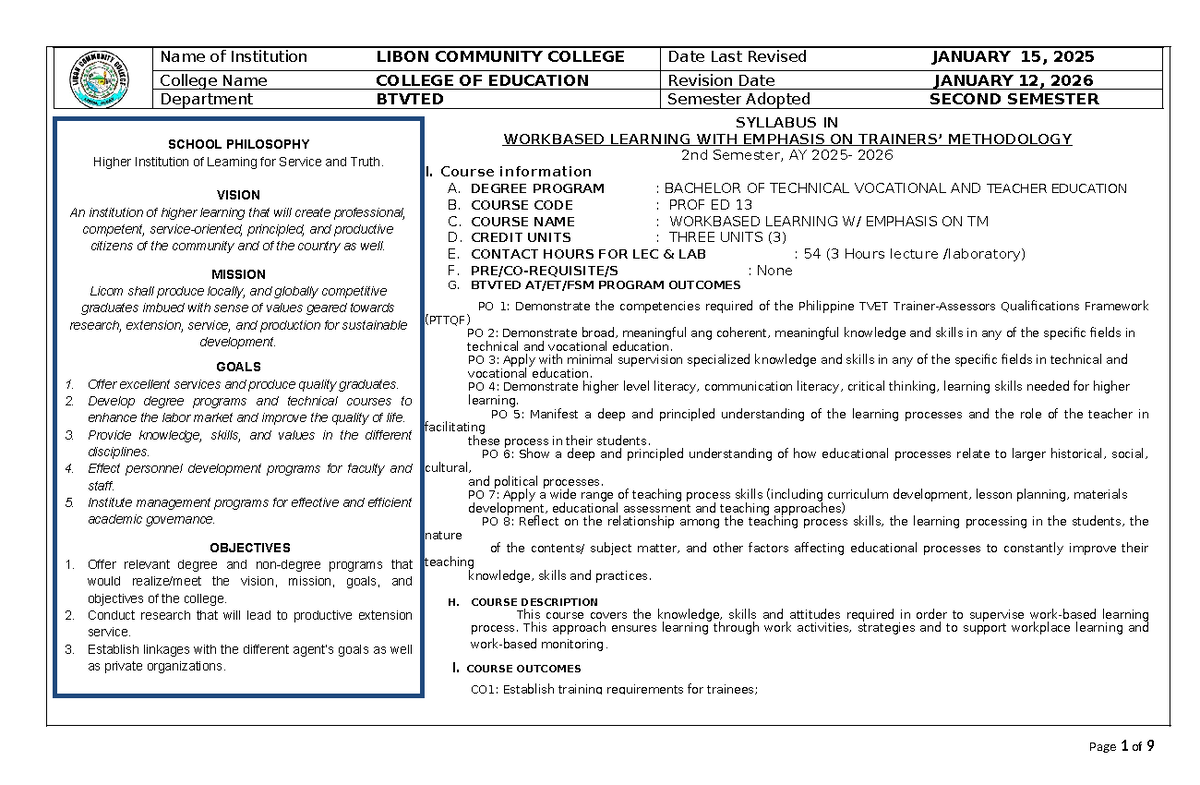 PROF ED 13 Work-Based Learning Syllabus for 2nd Semester AY 2026 - Studocu