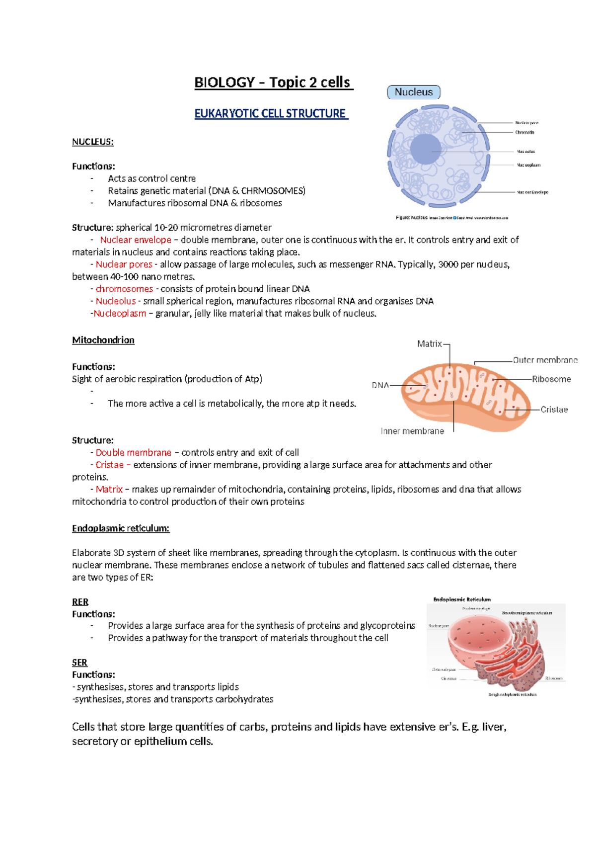 Biology - Cells - Eukaryotic and Prokaryotic Structures Notes - Studocu