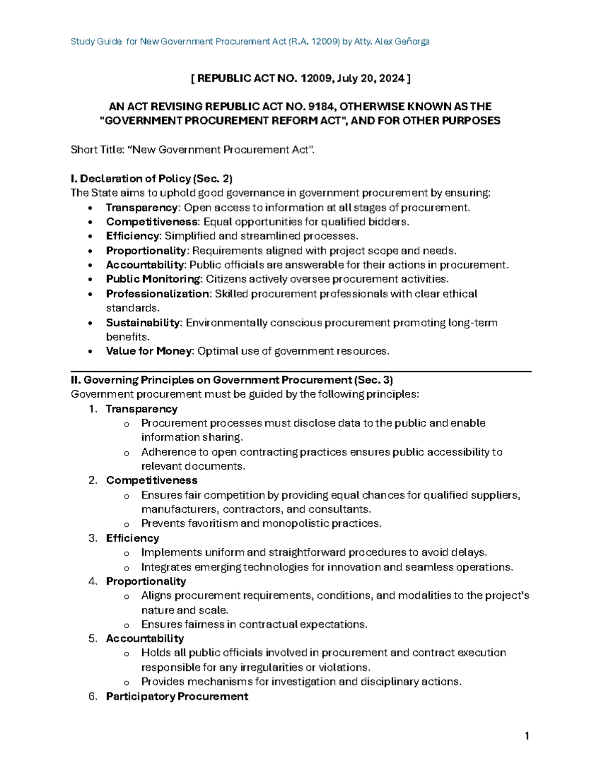 Study Guide for RA 12009: New Government Procurement Act Overview - Document Preview