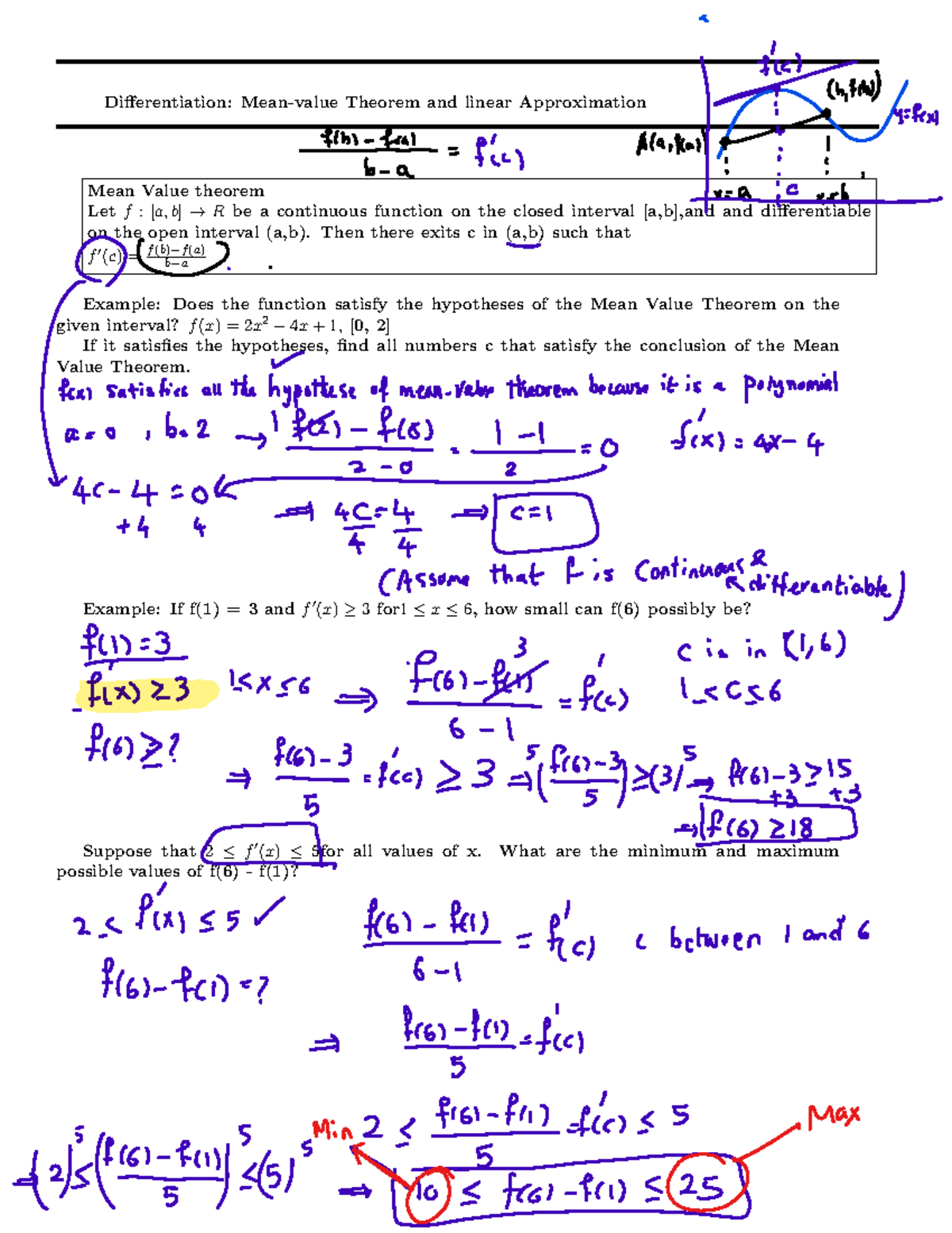 Differentiation: Mean-Value Theorem & Linear Approximation - Studocu