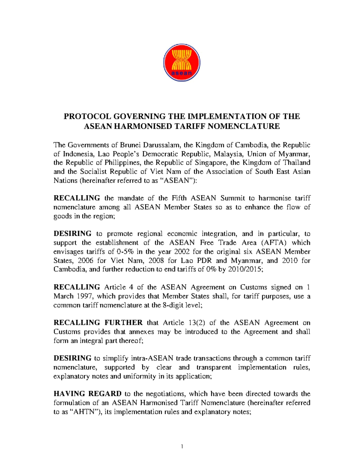 Protocol for Implementing ASEAN Harmonised Tariff Nomenclature - Studocu