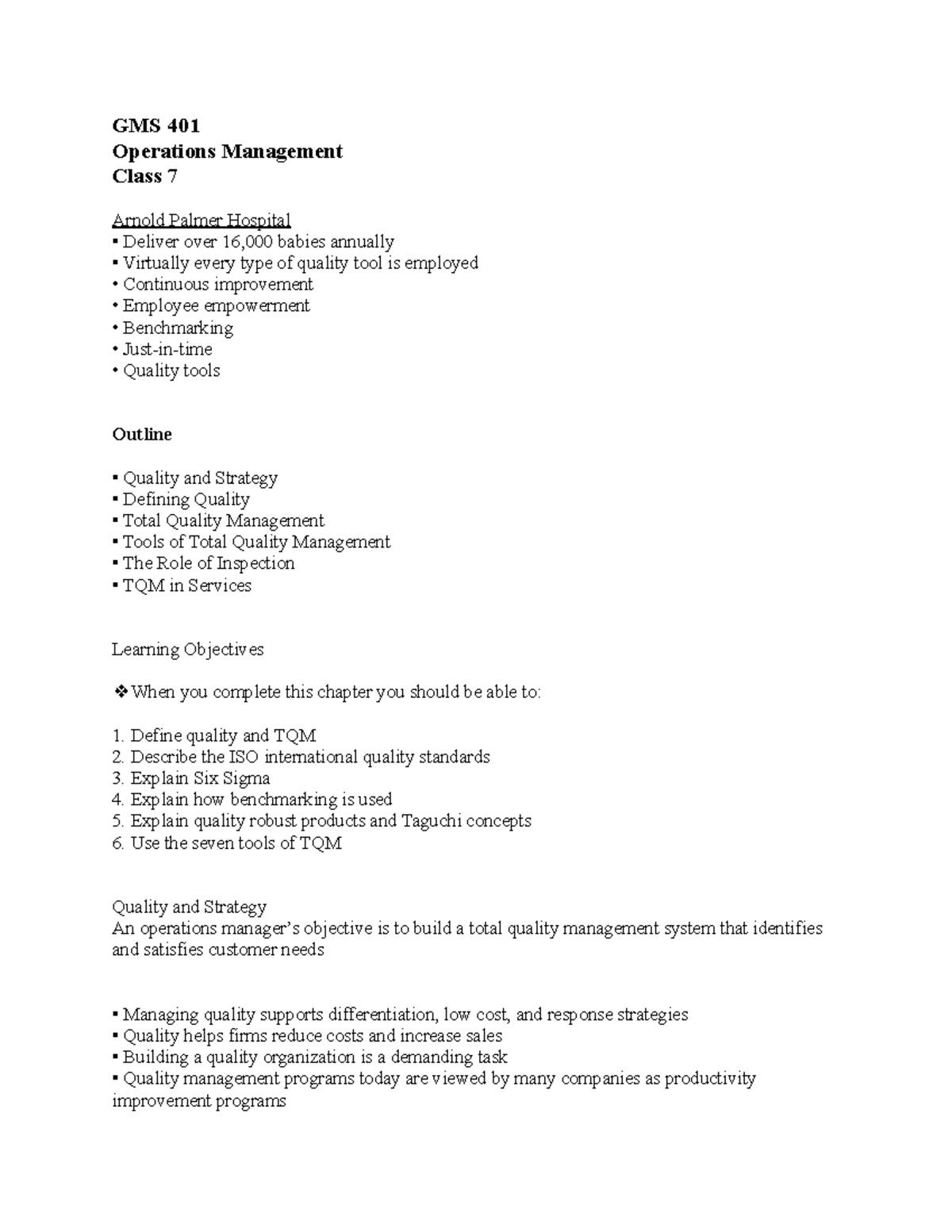 GMS 401 Operations Management Class 7: Total Quality Management ...