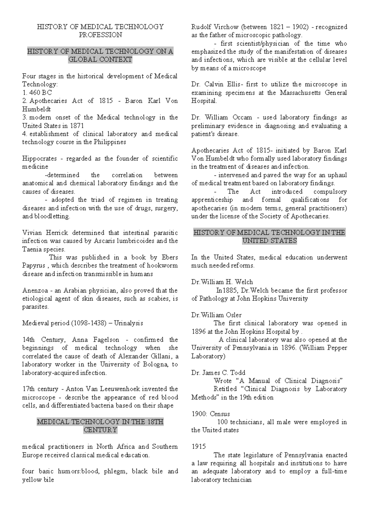 PMLS Reviewer UNIT 1-3 - HISTORY OF MEDICAL TECHNOLOGY PROFESSION ...