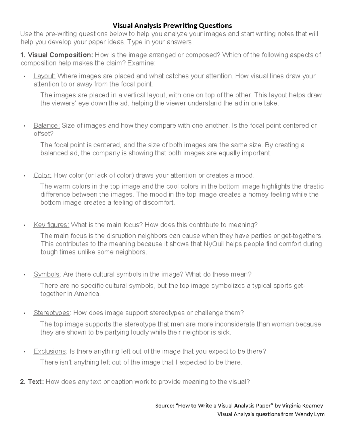 Visual Analysis Prewriting Questions - Type in your answers. 1. Visual ...
