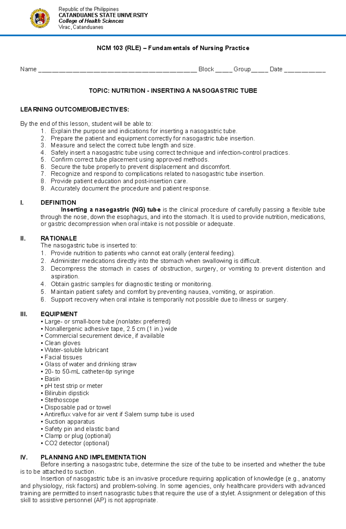 NCM 103 (RLE) Checklist for Inserting a Nasogastric Tube - Studocu