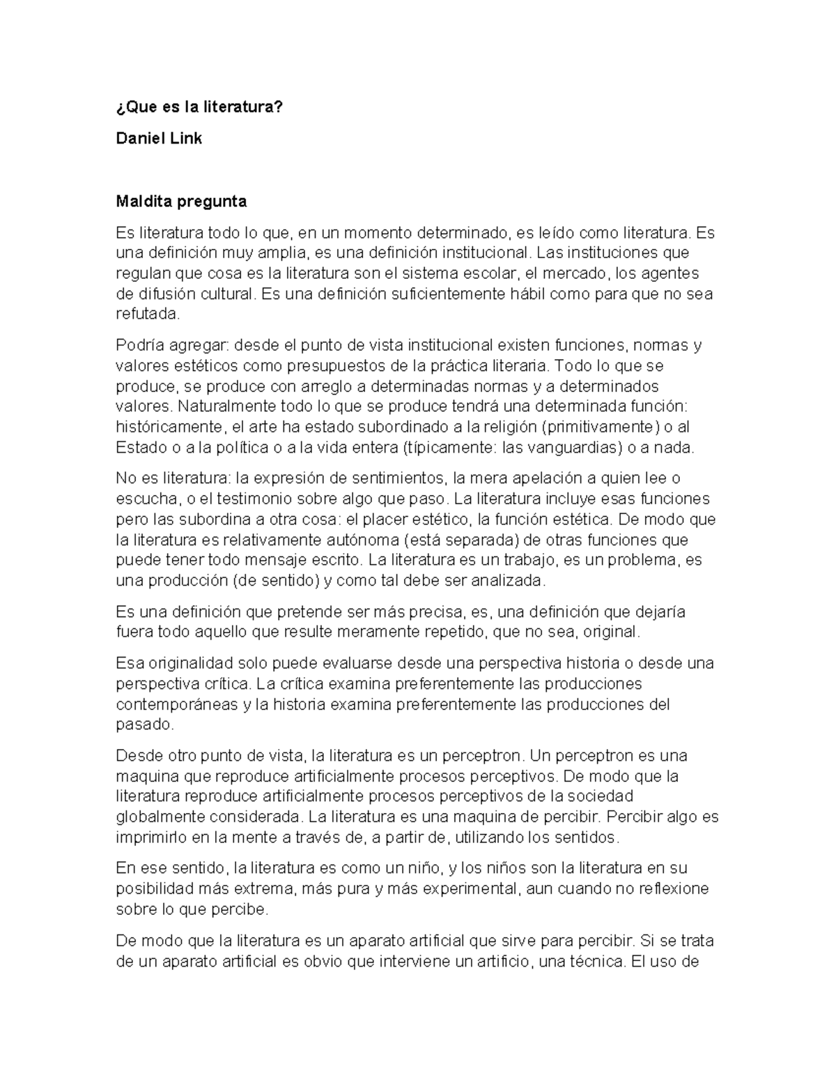 Qué es la Literatura? Análisis de Daniel Link - Studocu