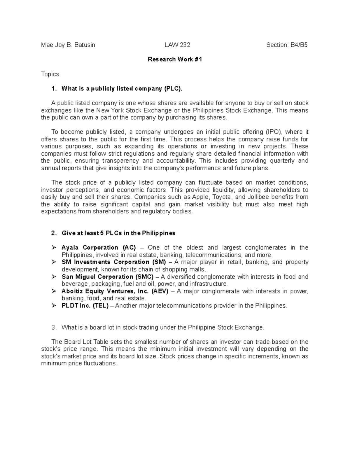 LAW 232 Research Work #1 - Understanding Publicly Listed Companies ...
