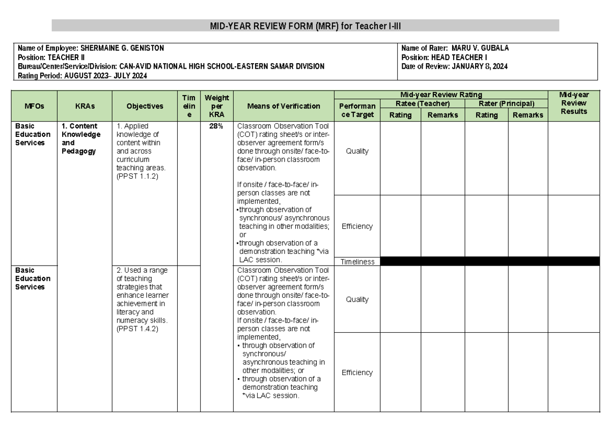 Mid Year Review Form (MRF) for Teacher II - SY 2023-2024 - Studocu