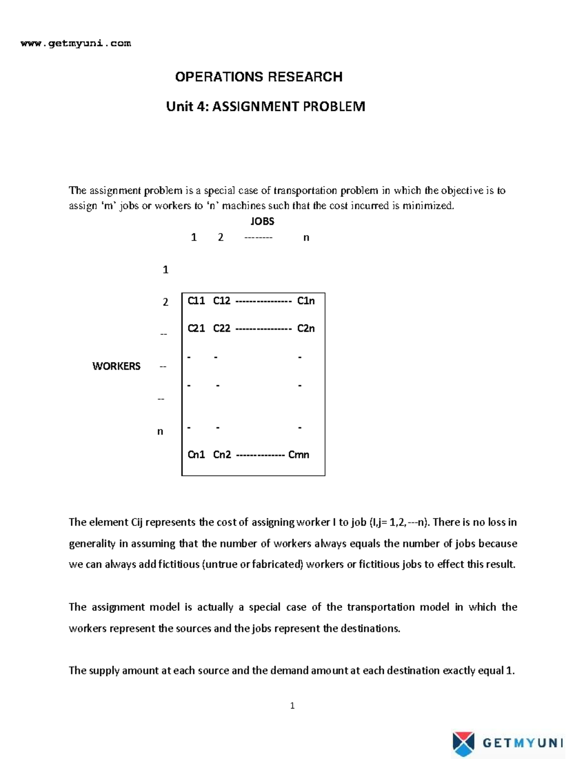 OPERATIONS RESEARCH (OR-301) Unit 4: Assignment Problem Study Notes ...