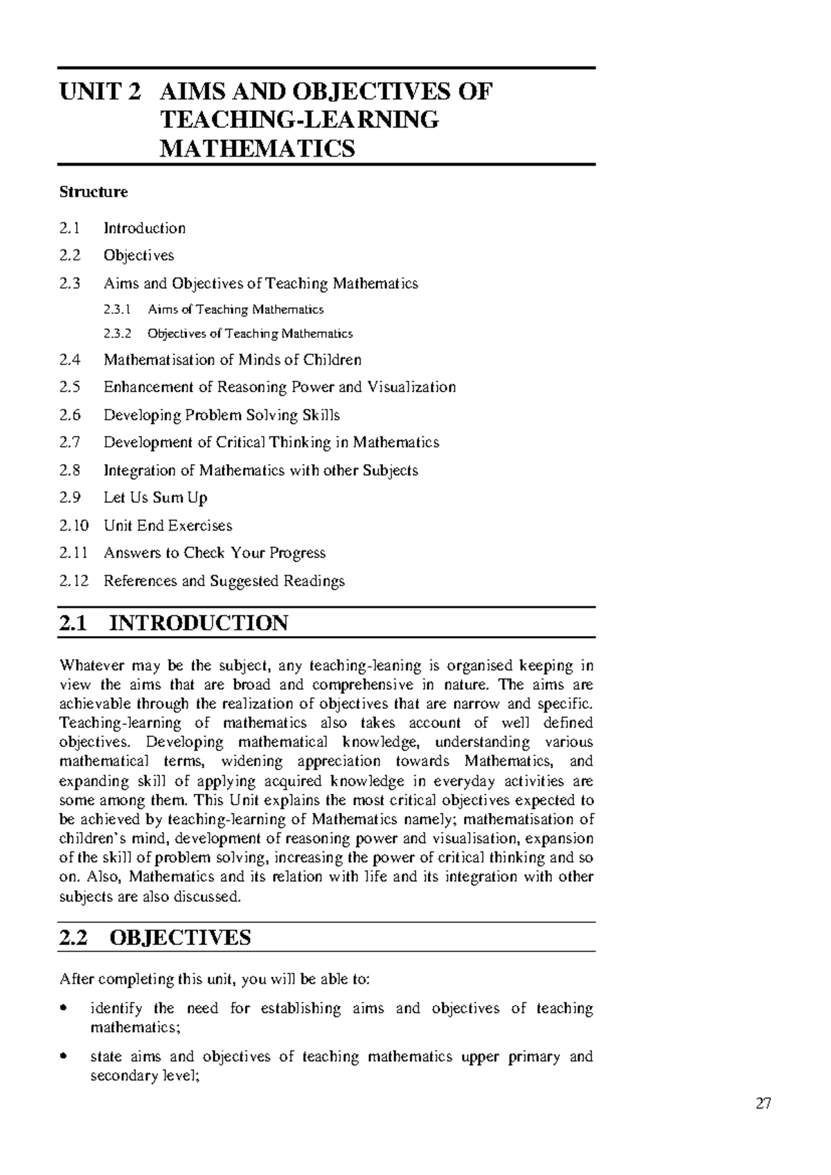 Unit 2: Aims & Objectives of Teaching-Learning Mathematics - Studocu