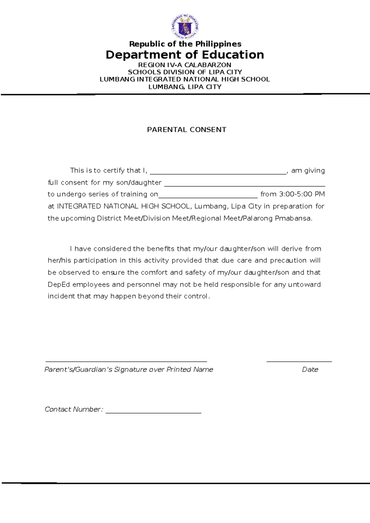 Parental Consent for Sports Training at Lumbang INHS - Studocu