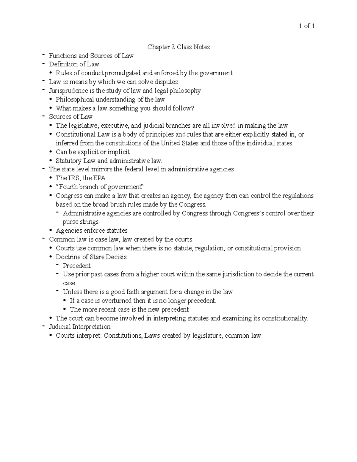 Chapter 2 Class Notes - Functions and Sources of Law - Studocu