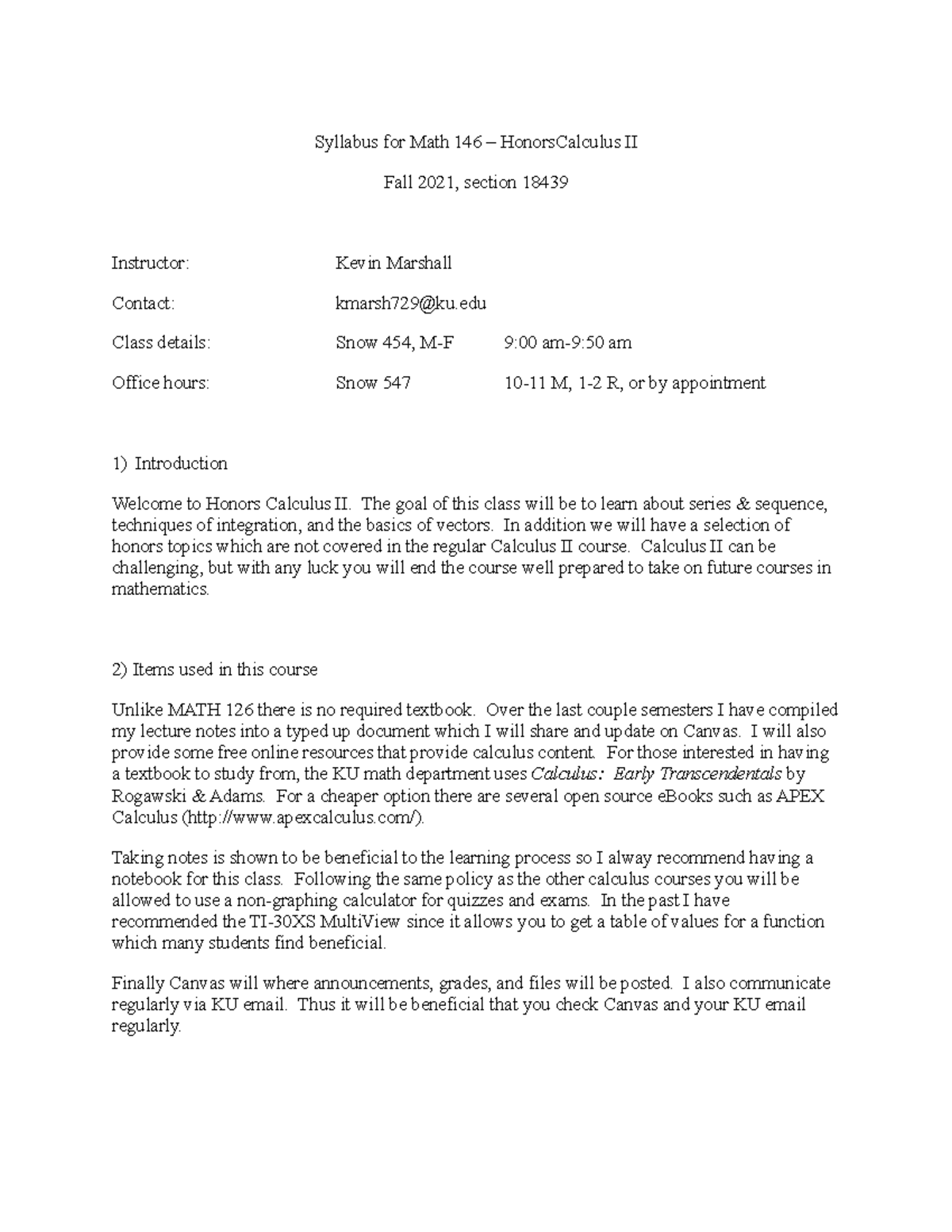 MATH 146 Syllabus: Honors Calculus II Course Information & Policies ...