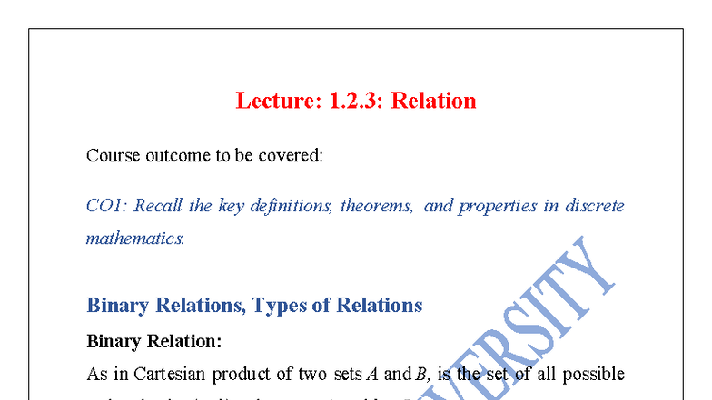 Lecture: 1.2.3 - Understanding Binary Relations in Discrete Math - Studocu