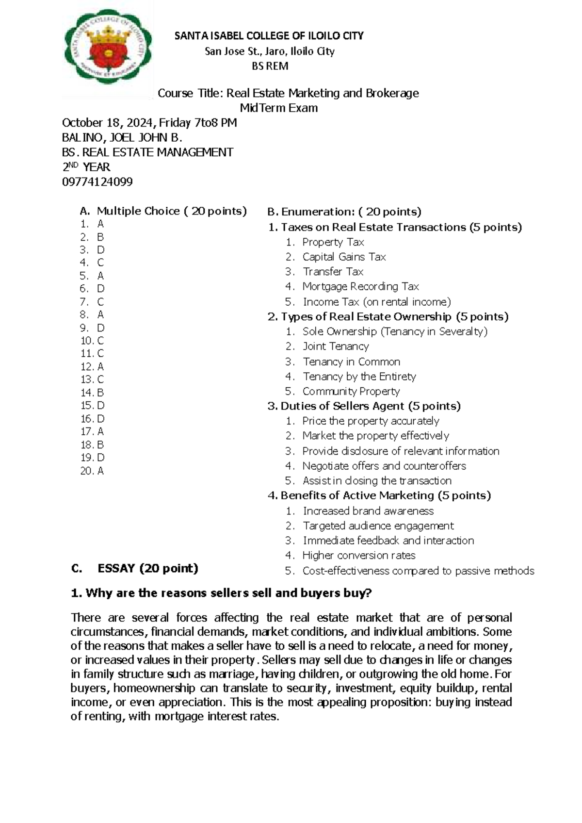 BS REM Midterm Exam: Real Estate Marketing & Brokerage - Studocu