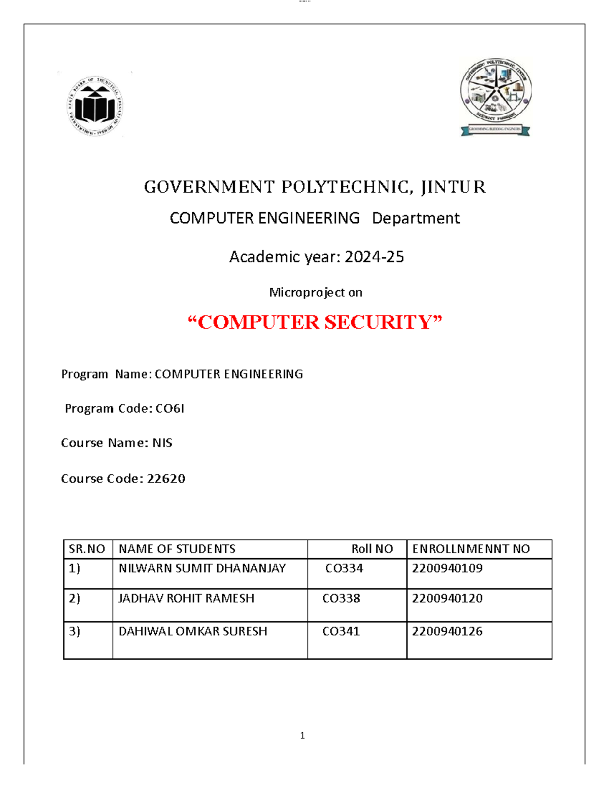 NIS Course Code 22620 Microproject on Computer Security Overview - Studocu