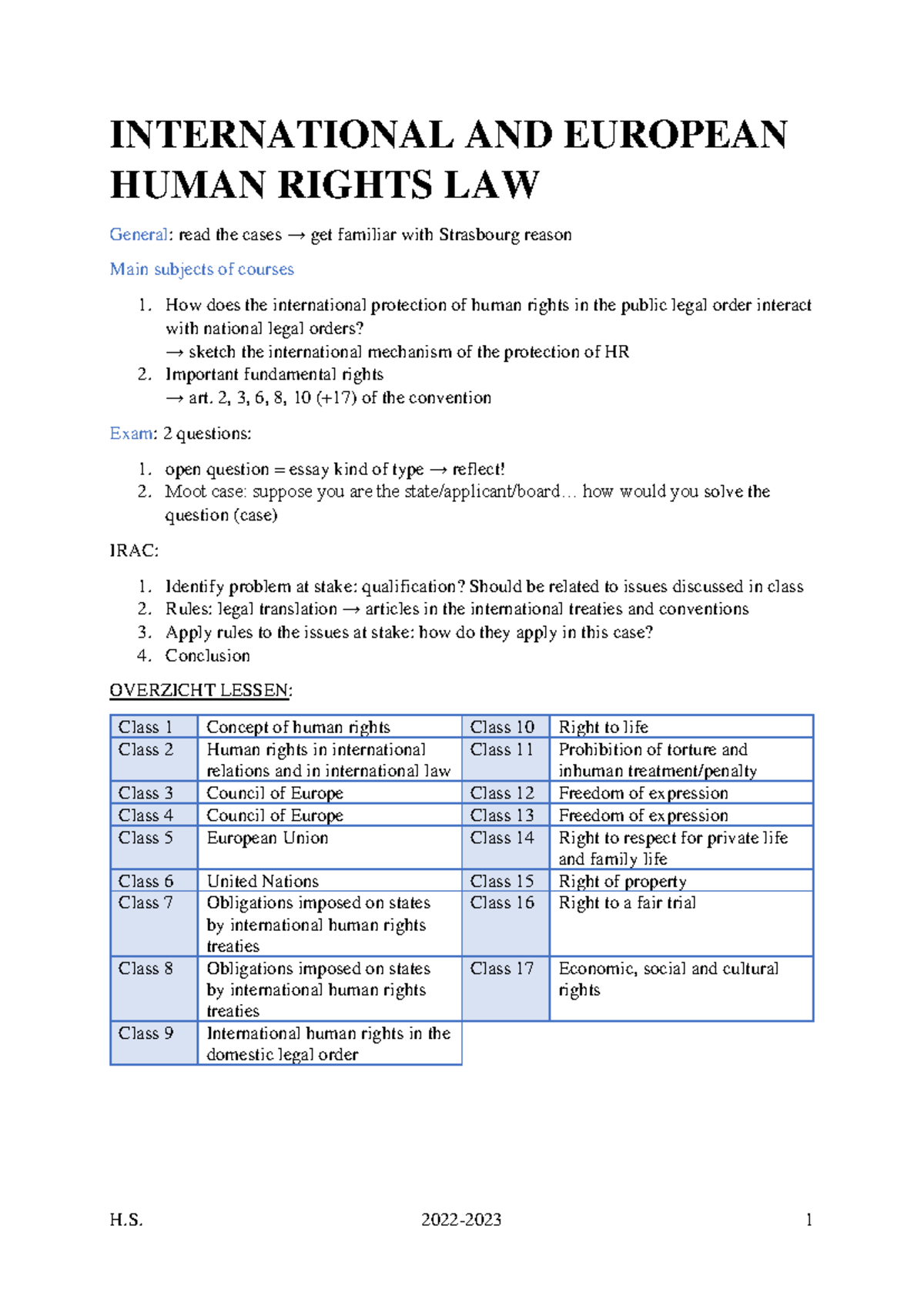 International & Human Rights Law Overview (Class Notes) - Studocu