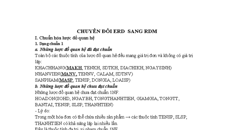 Chuyển Đổi ERD Sang RDM: Chuẩn Hóa Lược Đồ Quan Hệ - Studocu