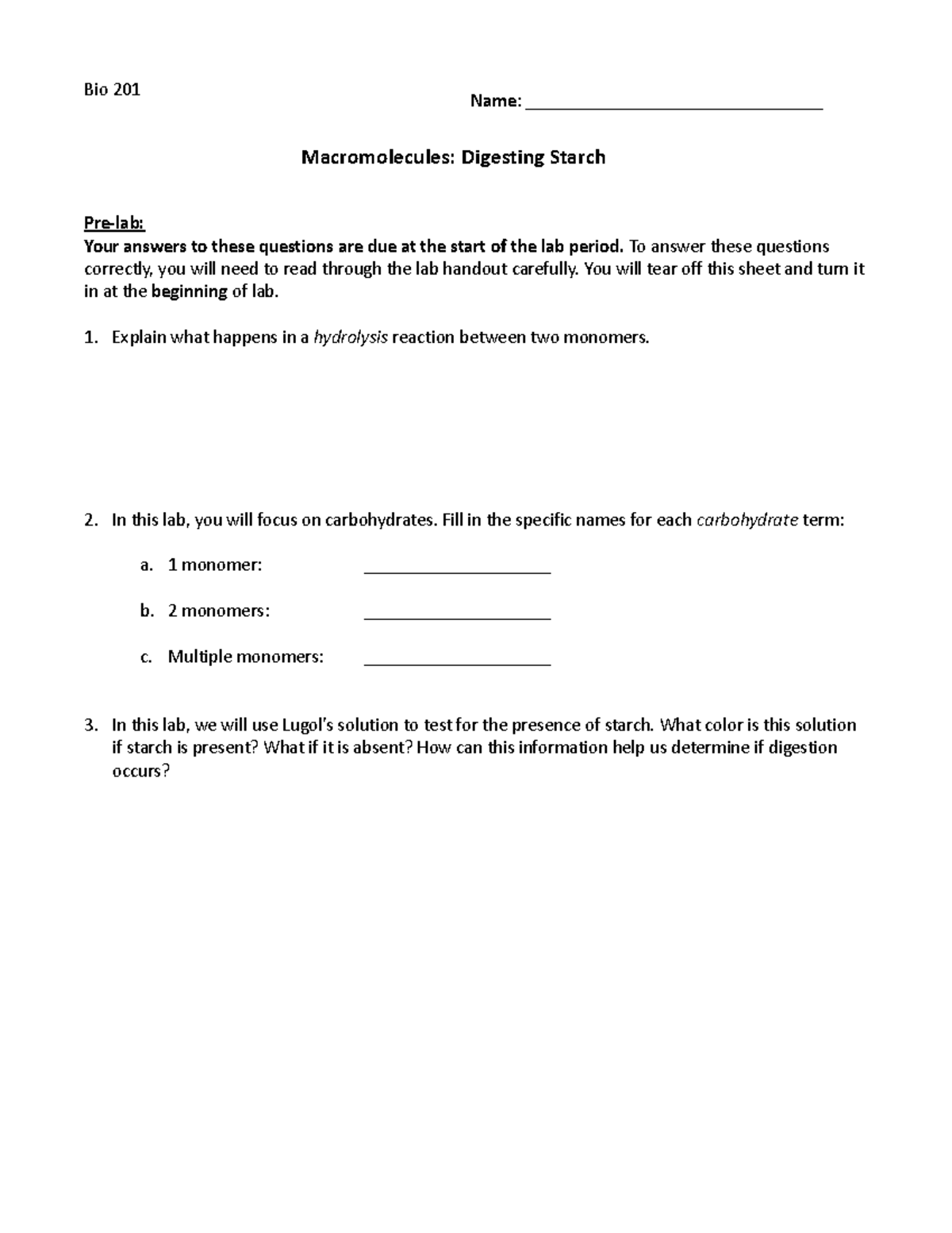 Bio 201 Lab: Starch Digestion Experiment Instructions and Protocol ...