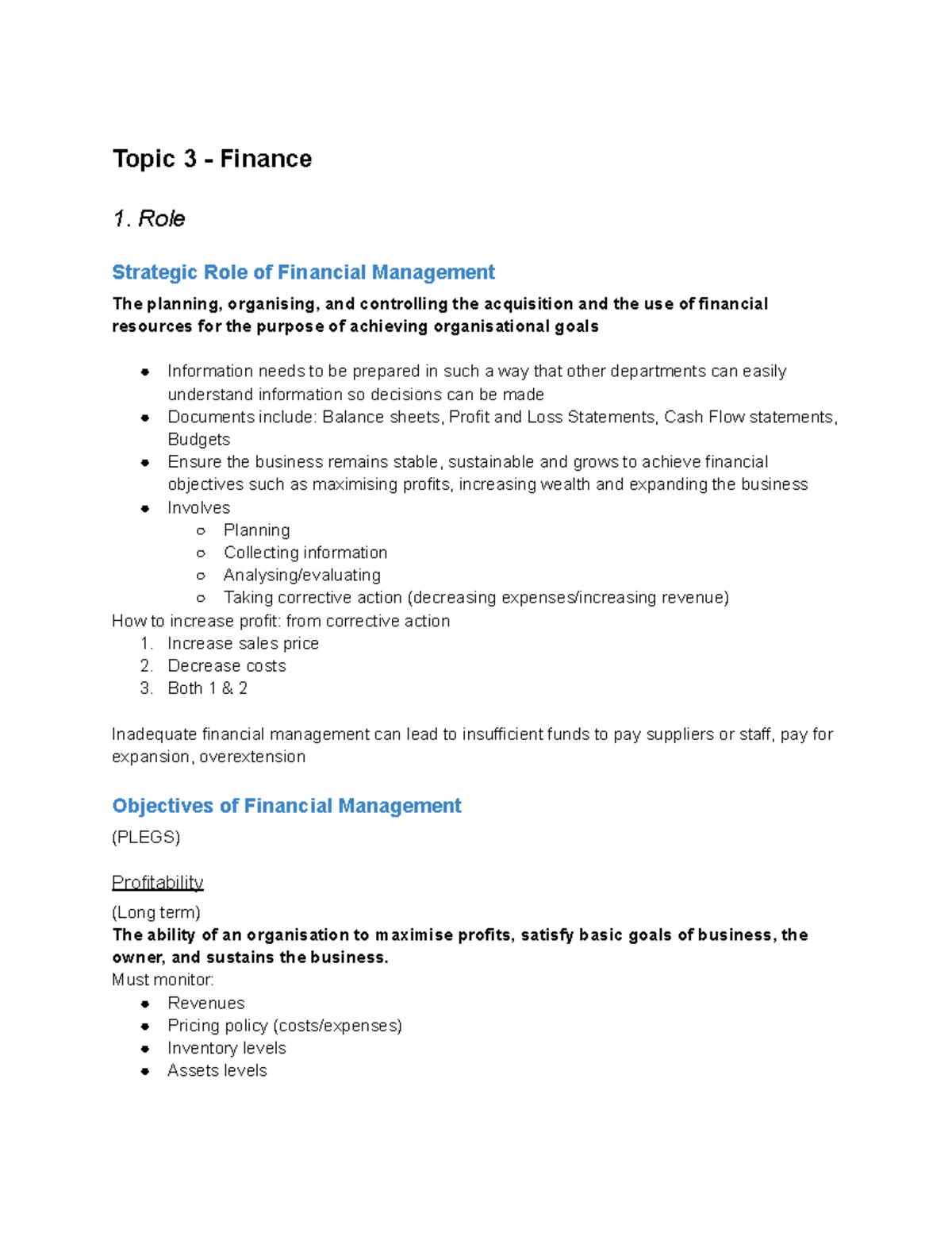 Strategic Role of Financial Management in Finance 1 (HSC) Notes - Studocu