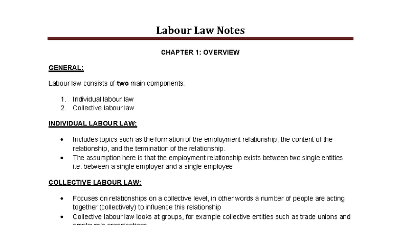 MRL3702 Labour Law Notes: Chapters 1 & 2 Overview and Key Concepts ...
