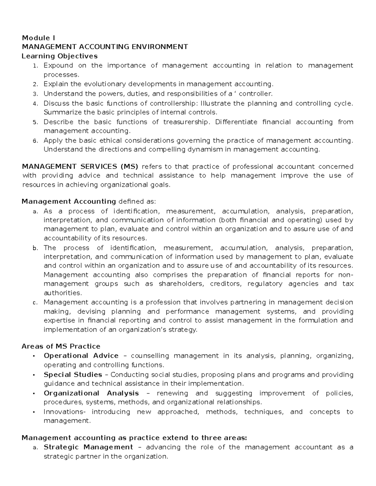 Module I: Management Accounting Environment Overview and Key Concepts ...