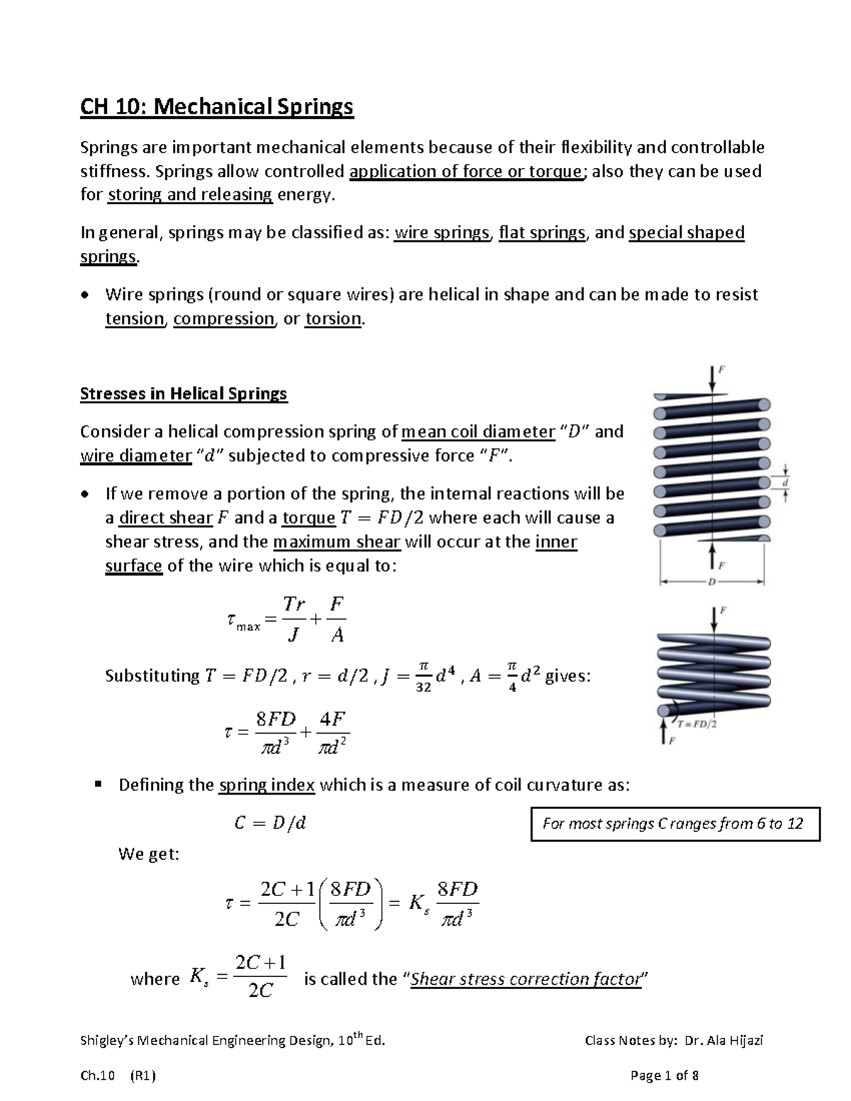 ME 101: CH 10 - Mechanical Springs Class Notes by Dr. Ala Hijazi - Studocu