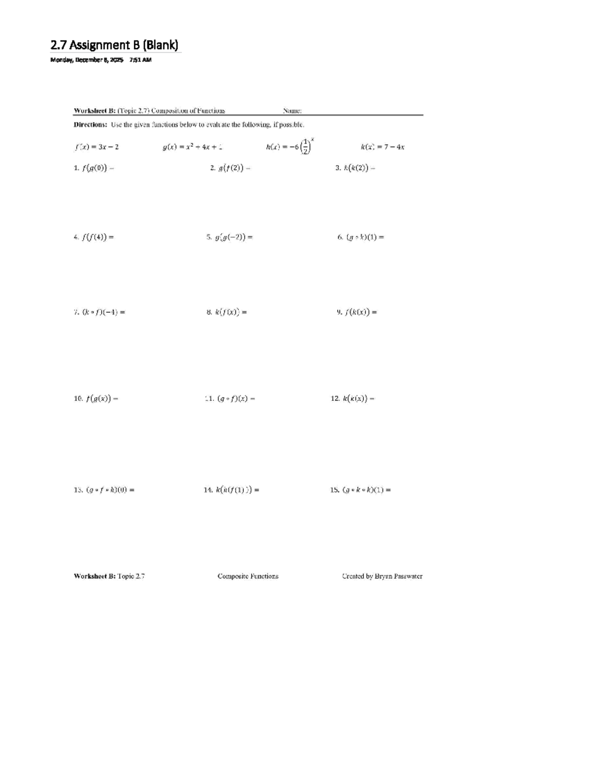 Precalc 2.7 B - Worksheet on Composition of Functions - Studocu