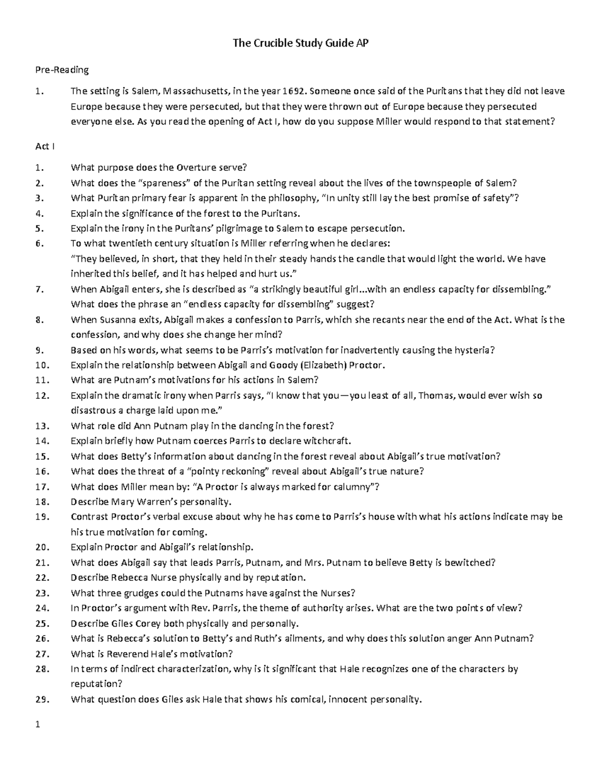 The Crucible Reading Questions Study Guide AP - Studocu