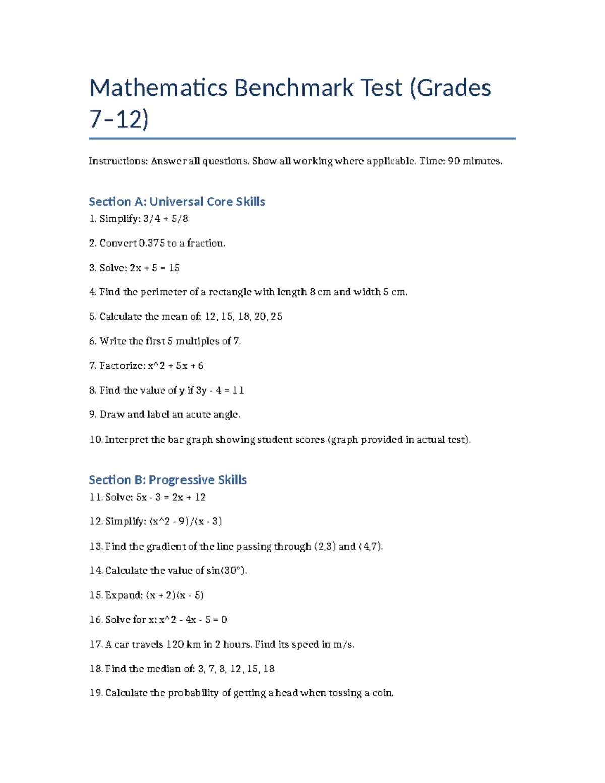 Mathematics Benchmark Test: Grades 5-8 Assessment Guide - Studocu