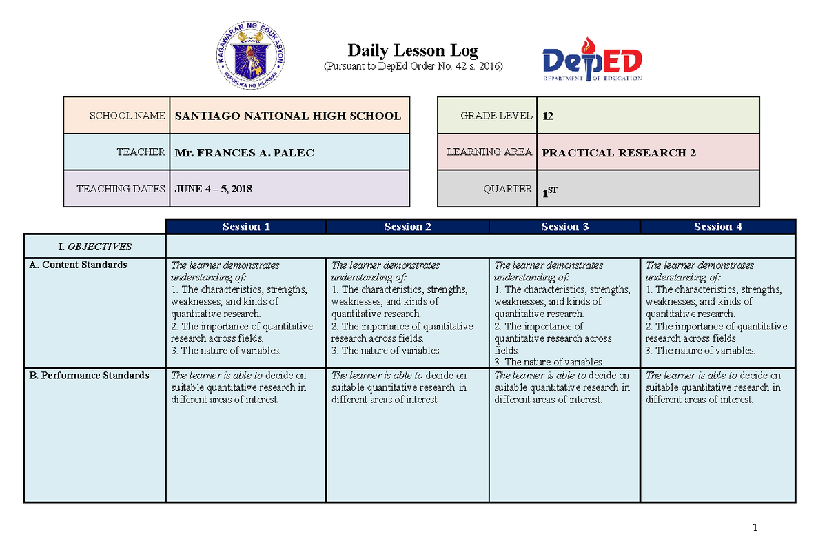 Daily Lesson Log for Practical Research 2 (Grade 12) - Quarter 1 - Studocu