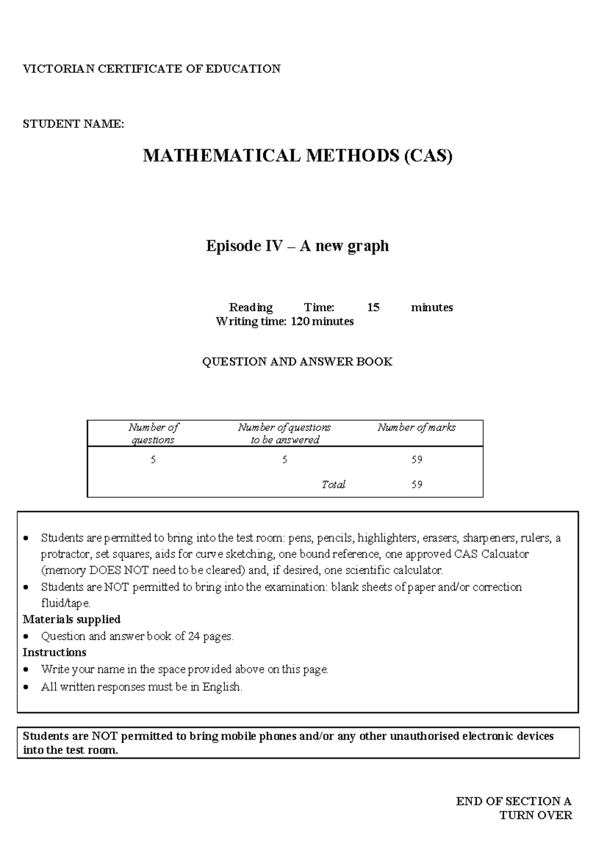 Mathematical Methods (CAS) SAC 1 Episode IV: Graphs and Functions ...