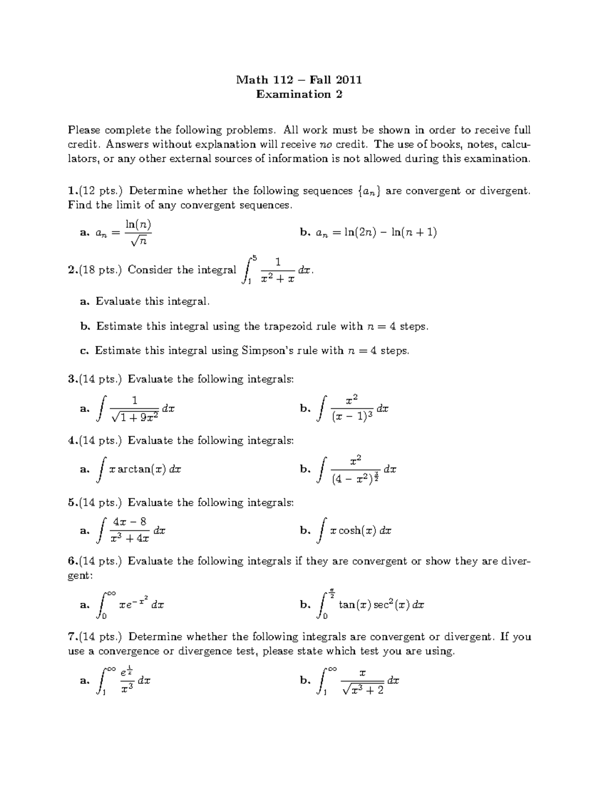 Math 112 Fall 2011 Calc 2 Exam 2 Practice Problems - Studocu