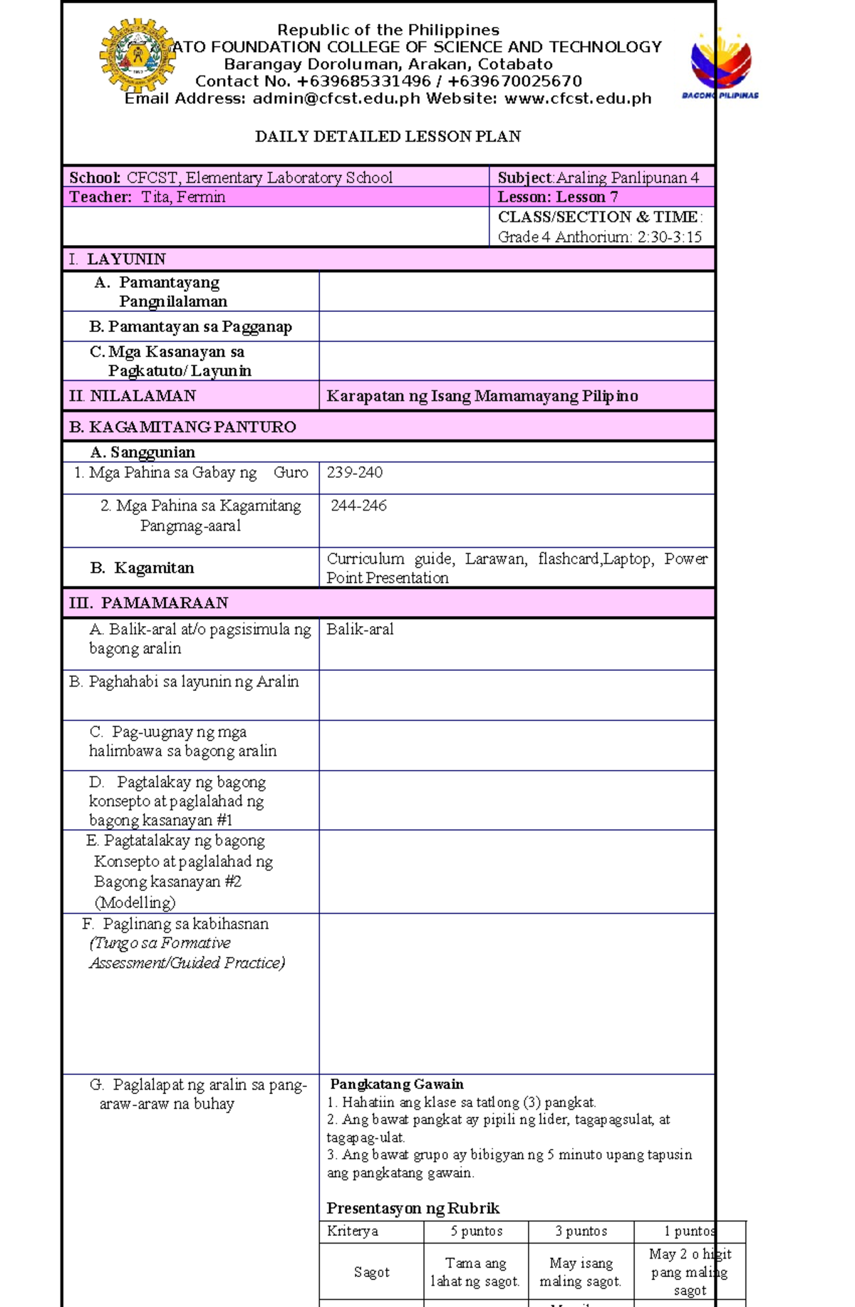 AP 4 Daily Detailed Lesson Plan: Araling Panlipunan 7 - Studocu