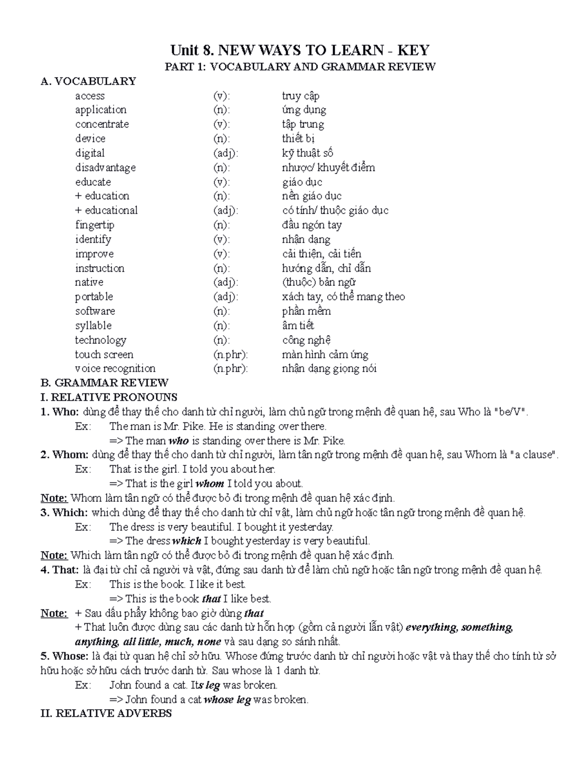 Unit 8 - Key Exercises on Vocabulary and Grammar Review - Studocu