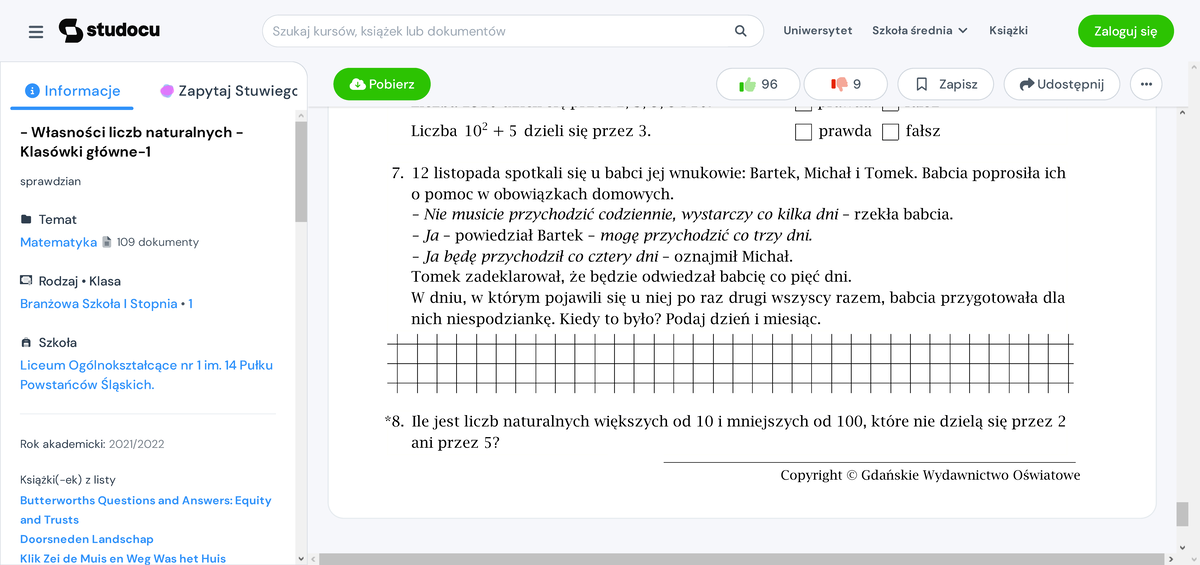 Sprawdzian Matematyka Kl 5 Podstawowa Grupa F Wlaściwości Liczb Naturalnych