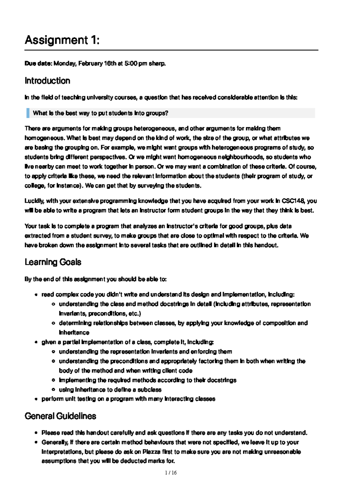 CSC148 Assignment 1: Group Formation Strategies and Implementation ...