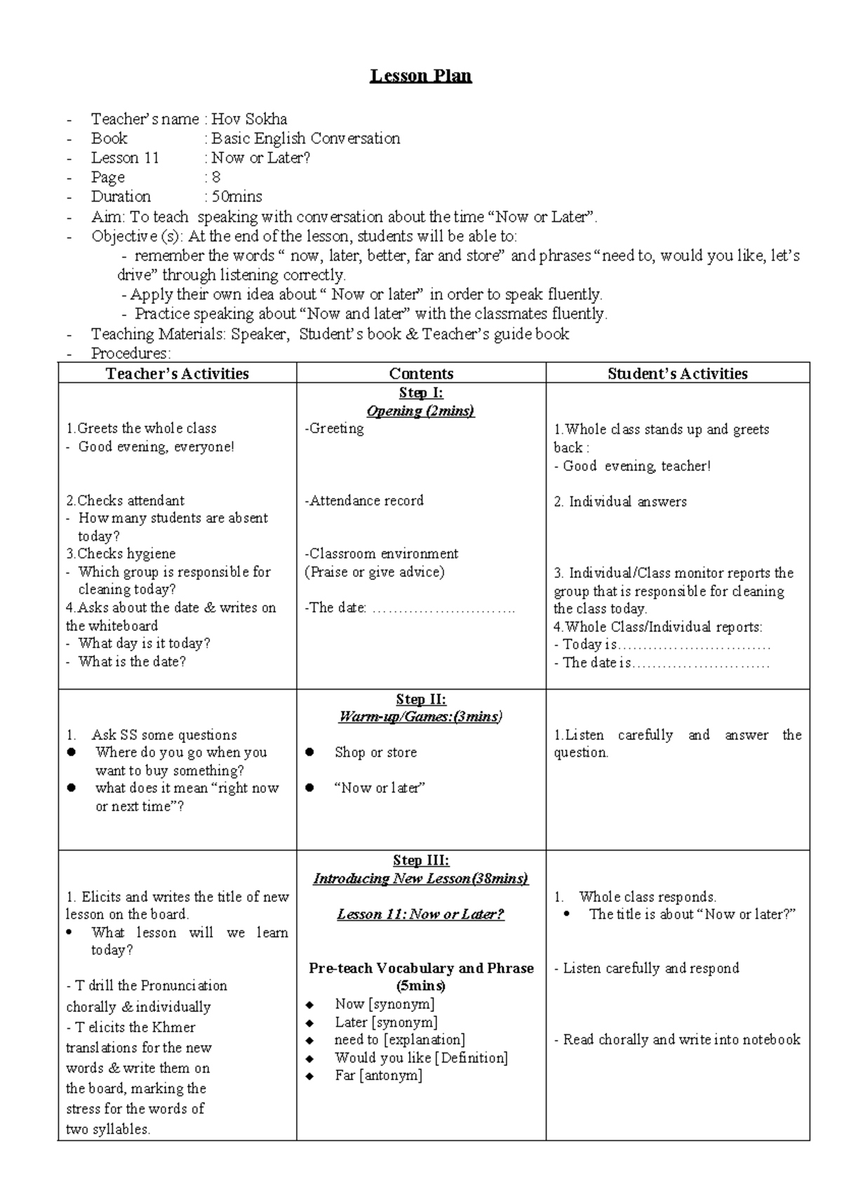 Lesson Plan for Basic English Conversation (Lesson 11: Now or Later ...