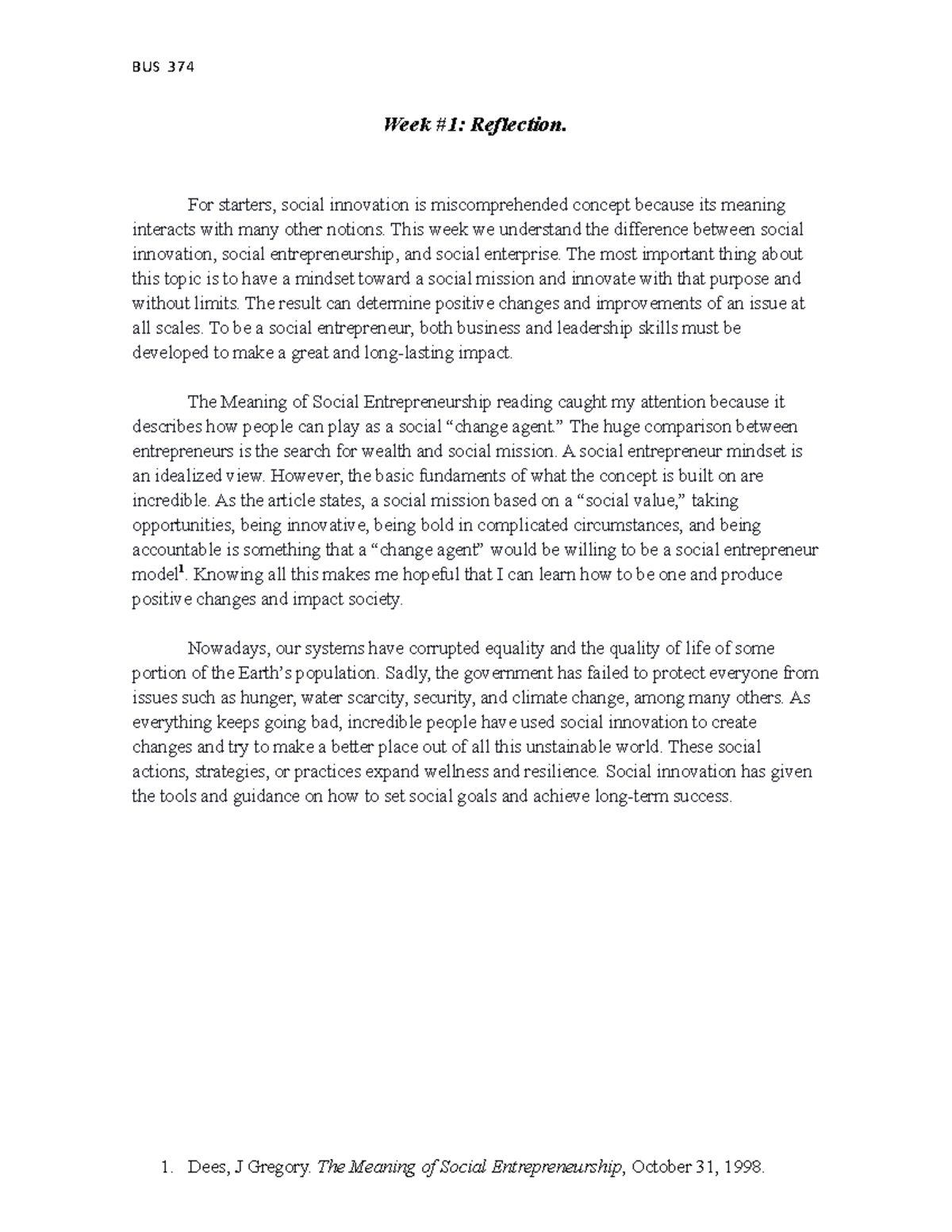 BUS 374 - Week 1 Reflection on Social Innovation & Entrepreneurship ...