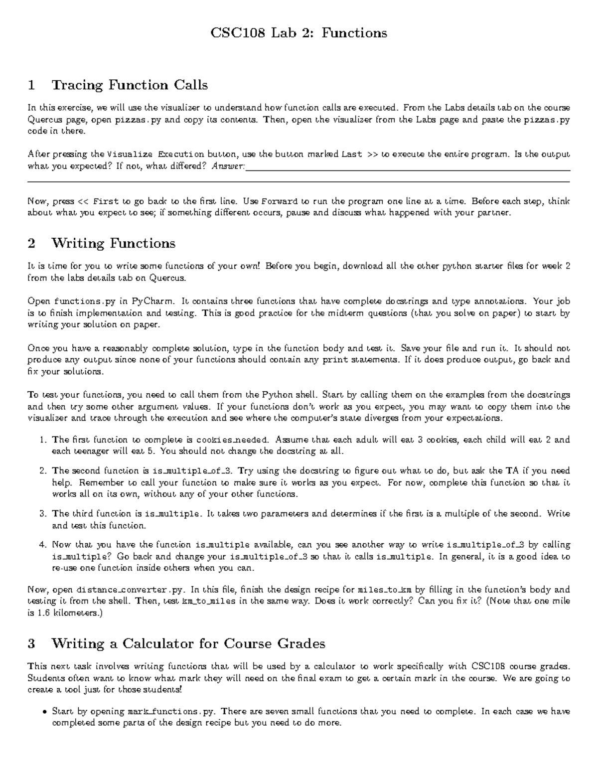 CSC108 Lab 2: Functions and Calculator for Course Grades Instructions ...