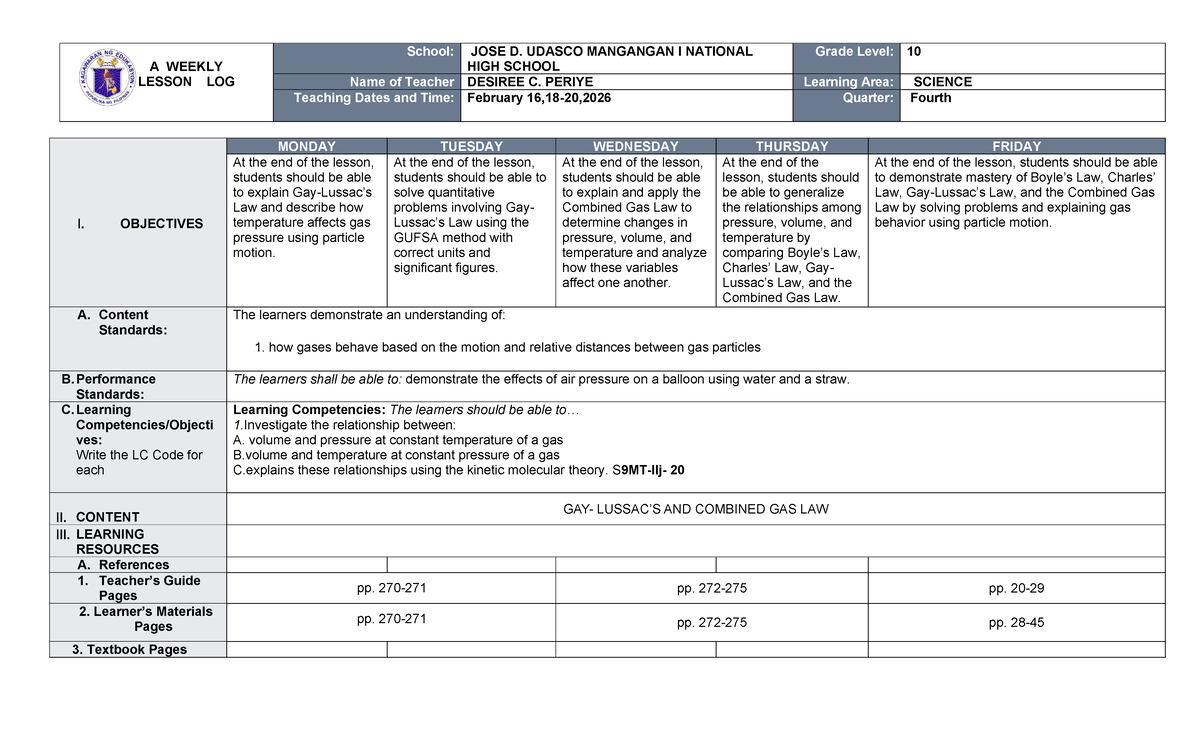 Weekly Lesson Plan: Science 10 - Gas Laws & Combined Gas Law (Week 22 ...