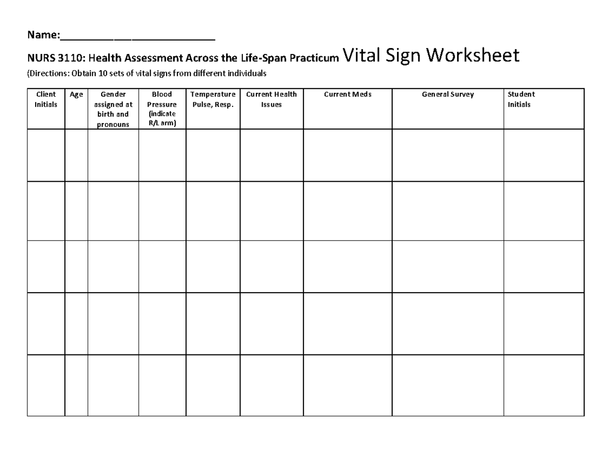 Student- Vital Sign Worksheet - NURS 3121 - Name ...
