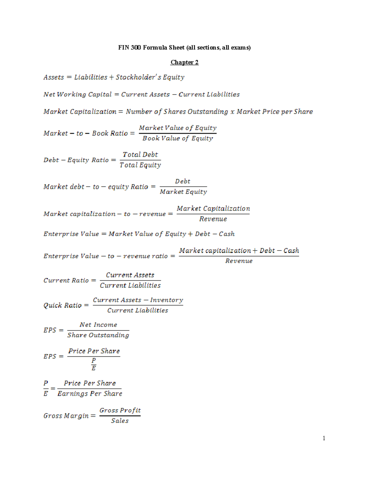 FIN 300 Comprehensive Formula Sheet for All Chapters and Exams - Studocu