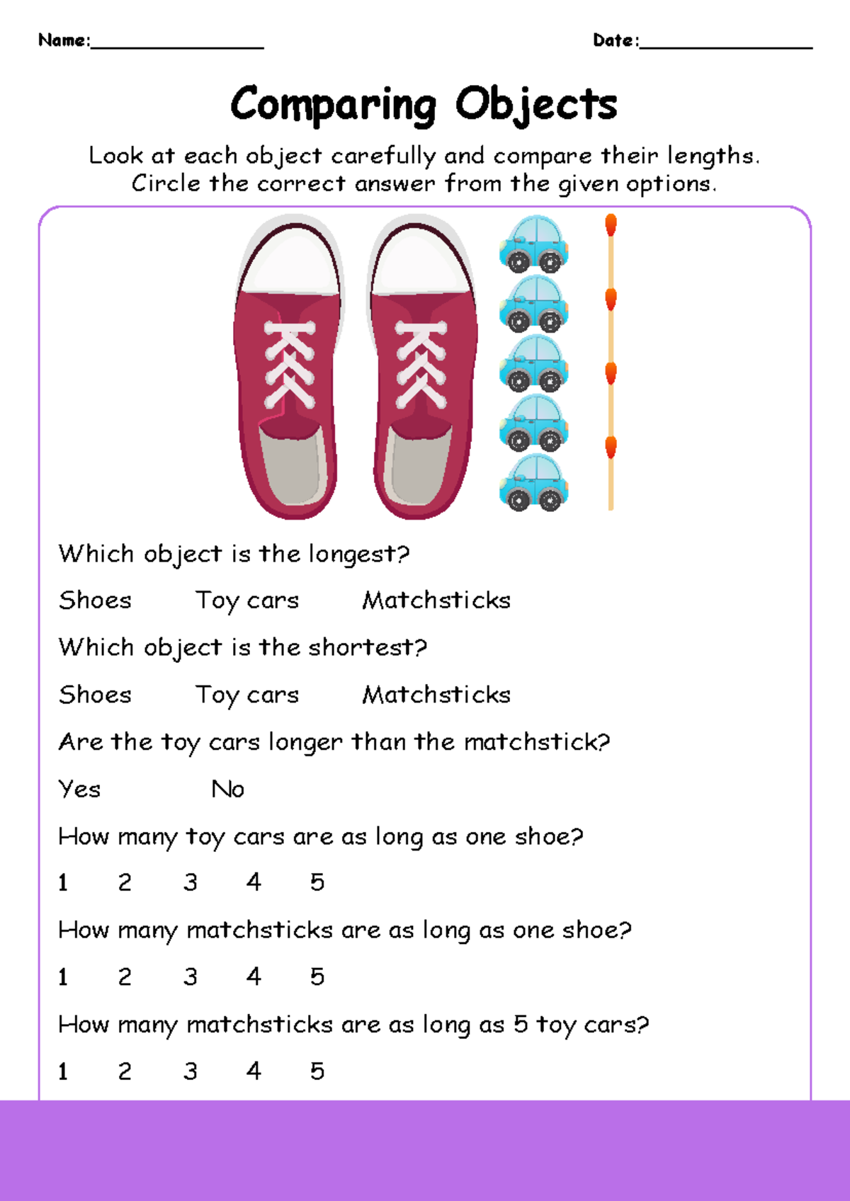 Comparing Object Lengths - 1st Grade Worksheet - Comparing Objects Name ...
