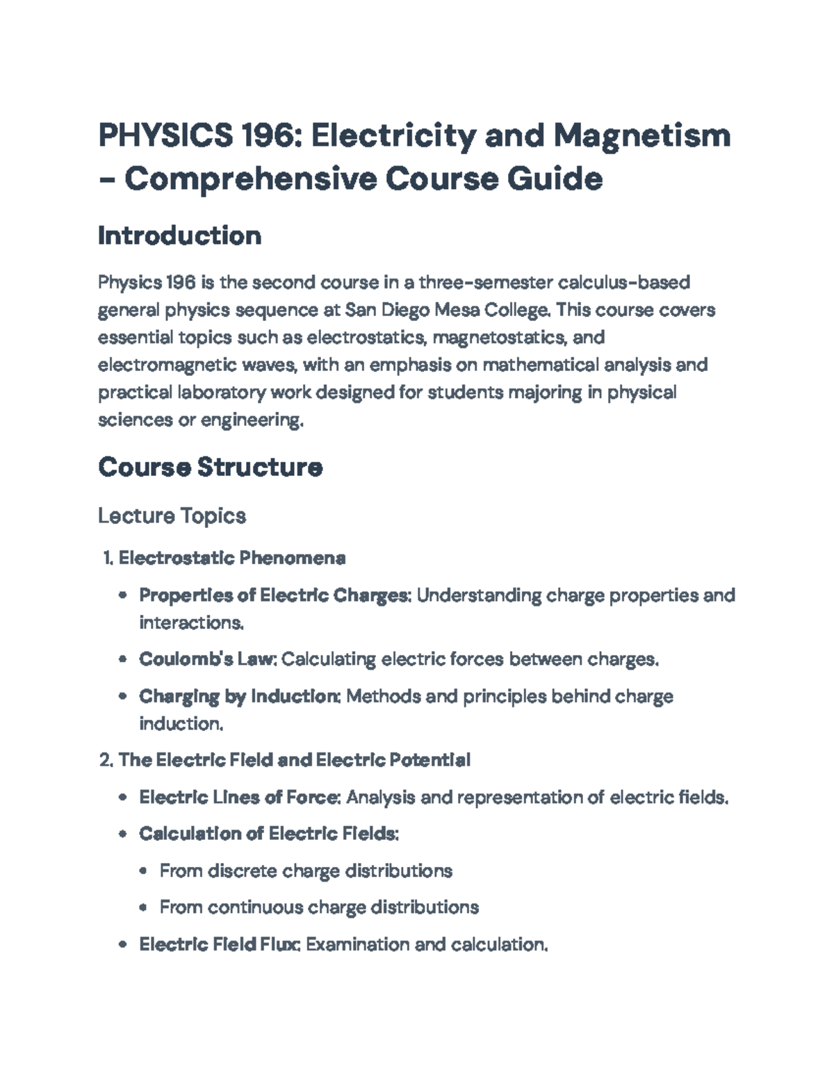 Physics 196: Comprehensive Course Guide on Electricity and Magnetism ...