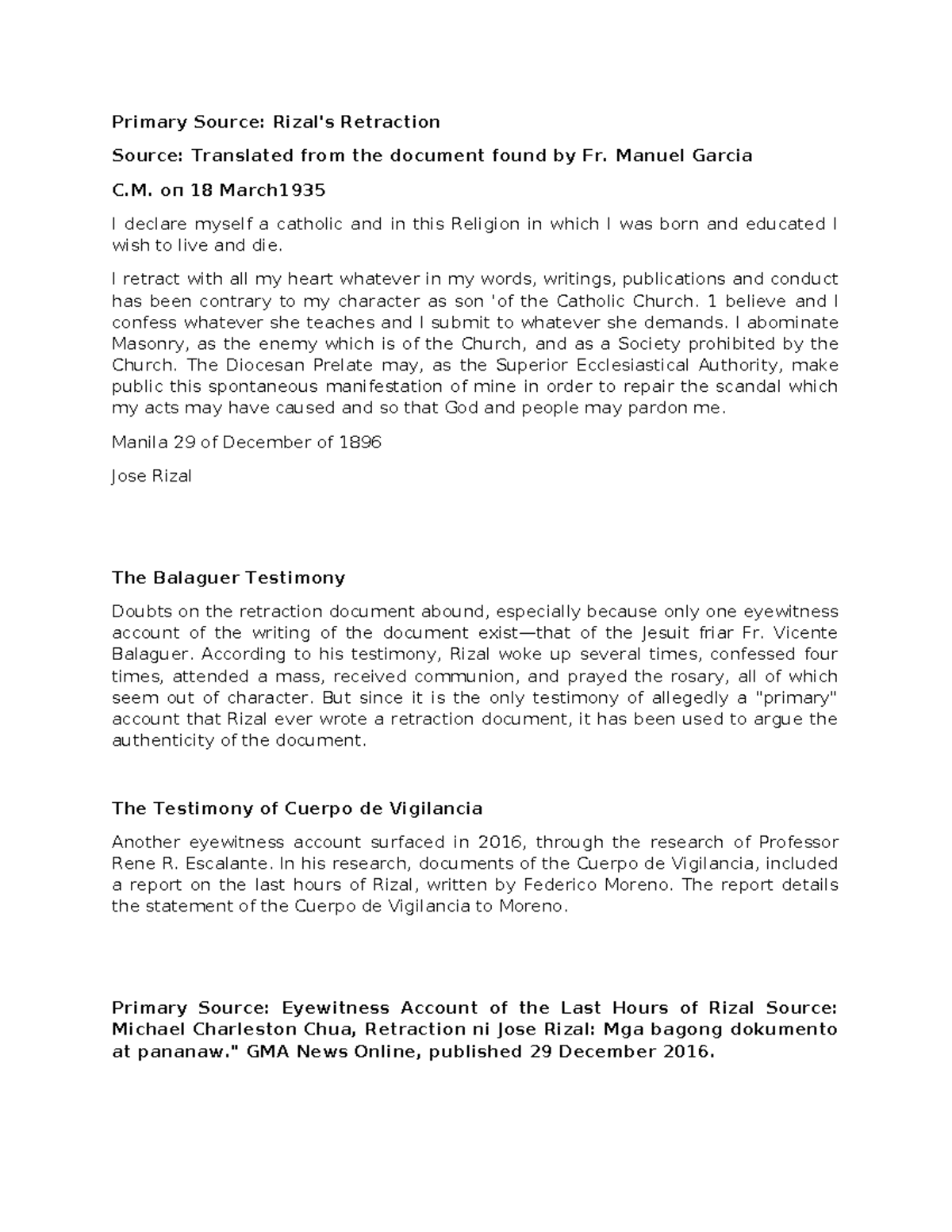 Primary Source Analysis: Rizal's Retraction Document - Studocu