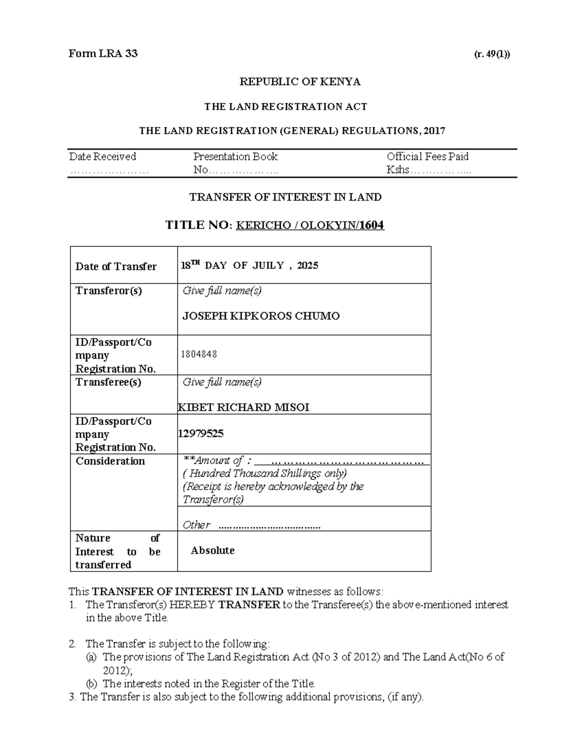 Form LRA 33 Transfer of Interest in Land - Kenya 2025 - Studocu