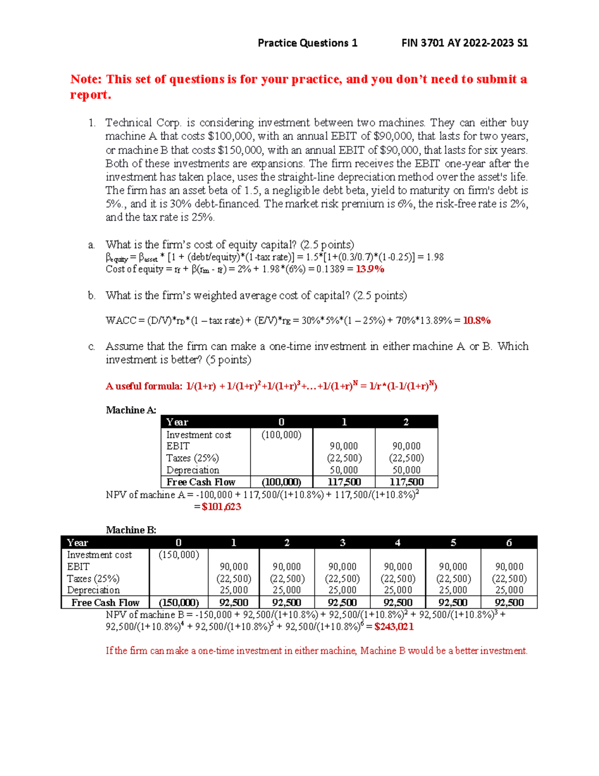 Practice Questions 1 FIN 3701 AY S1 - Investment Analysis and NPV ...