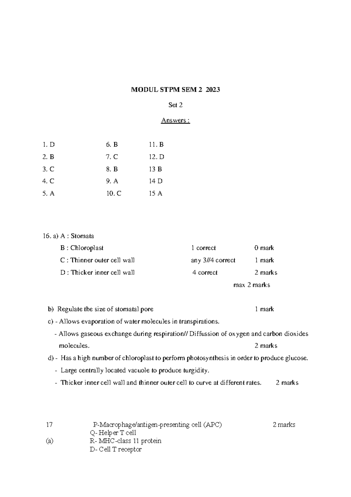 Modul STPM Biology Sem 2 Set 2 Answers and Explanations - Studocu