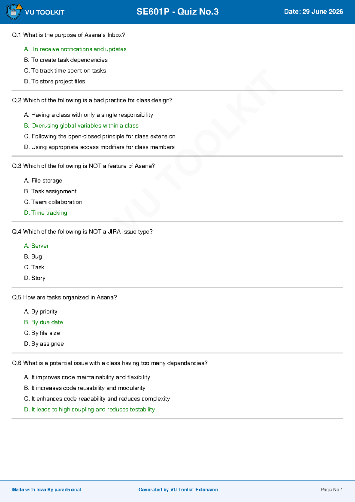 SE601P Quiz No.3 - VU Toolkit Insights and Key Concepts - Studocu